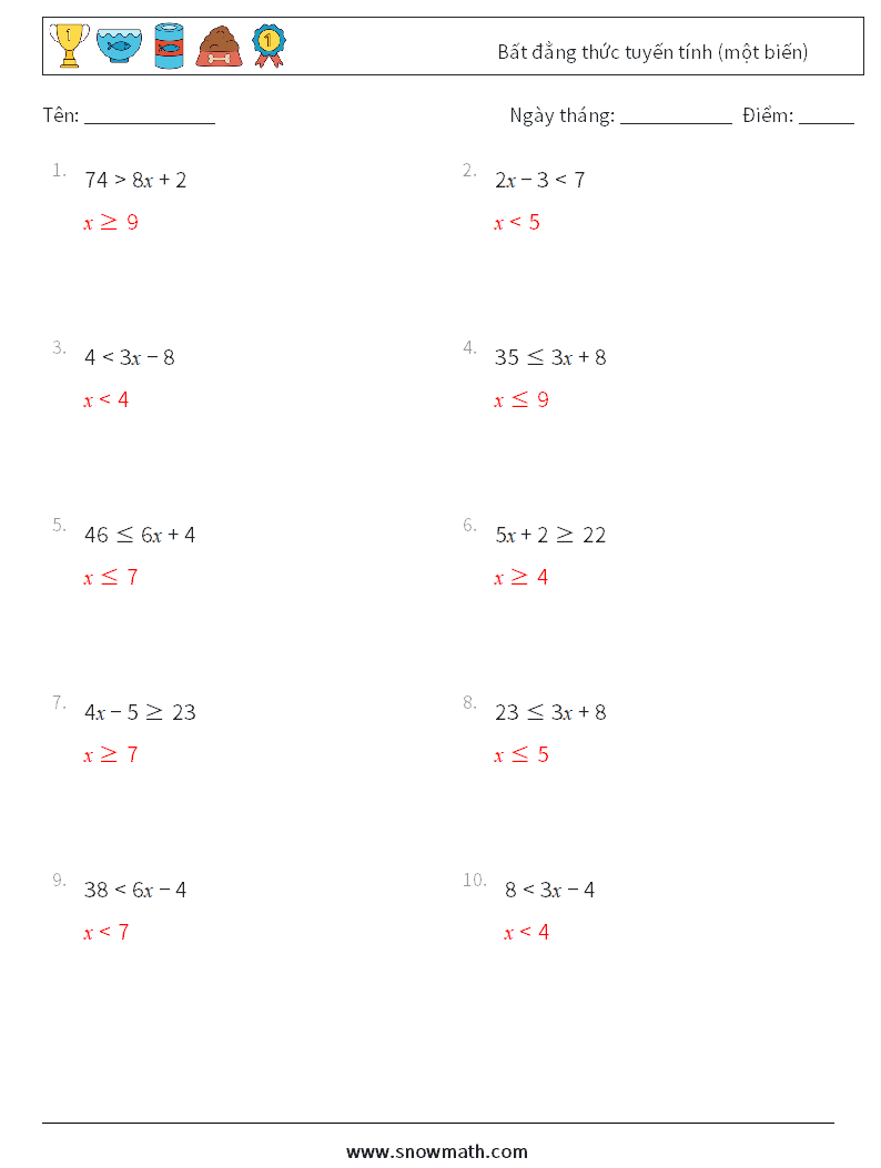 Bất đẳng thức tuyến tính (một biến) Bảng tính toán học 8 Câu hỏi, câu trả lời