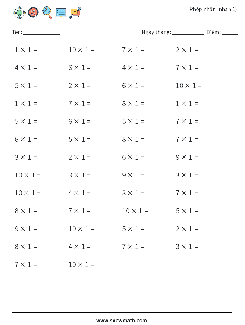 (50) Phép nhân (nhân 1) Bảng tính toán học 1
