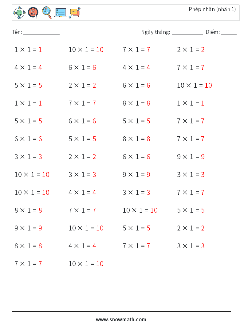 (50) Phép nhân (nhân 1) Bảng tính toán học 1 Câu hỏi, câu trả lời