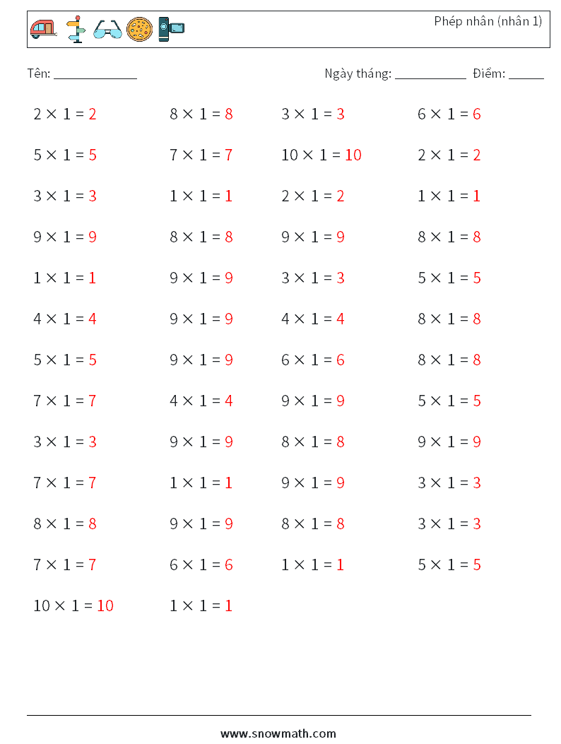 (50) Phép nhân (nhân 1) Bảng tính toán học 9 Câu hỏi, câu trả lời