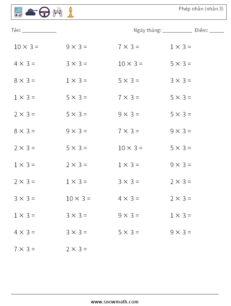 (50) Phép nhân (nhân 3) Bảng tính toán học 3