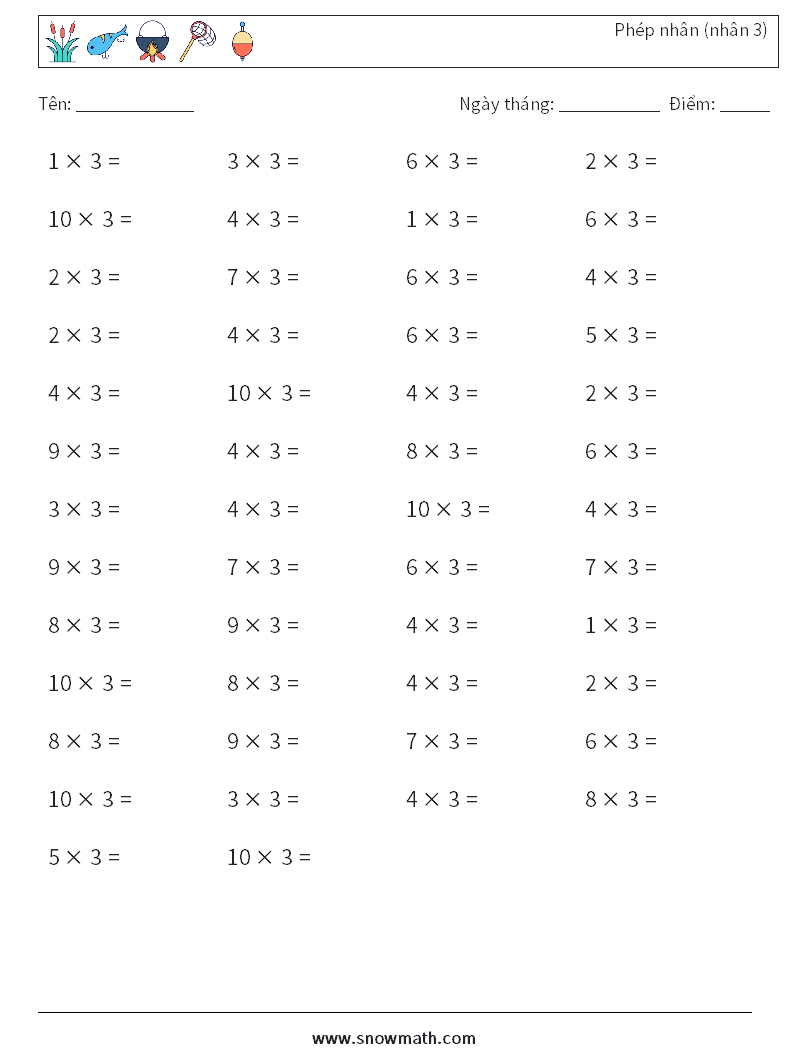 (50) Phép nhân (nhân 3) Bảng tính toán học 4