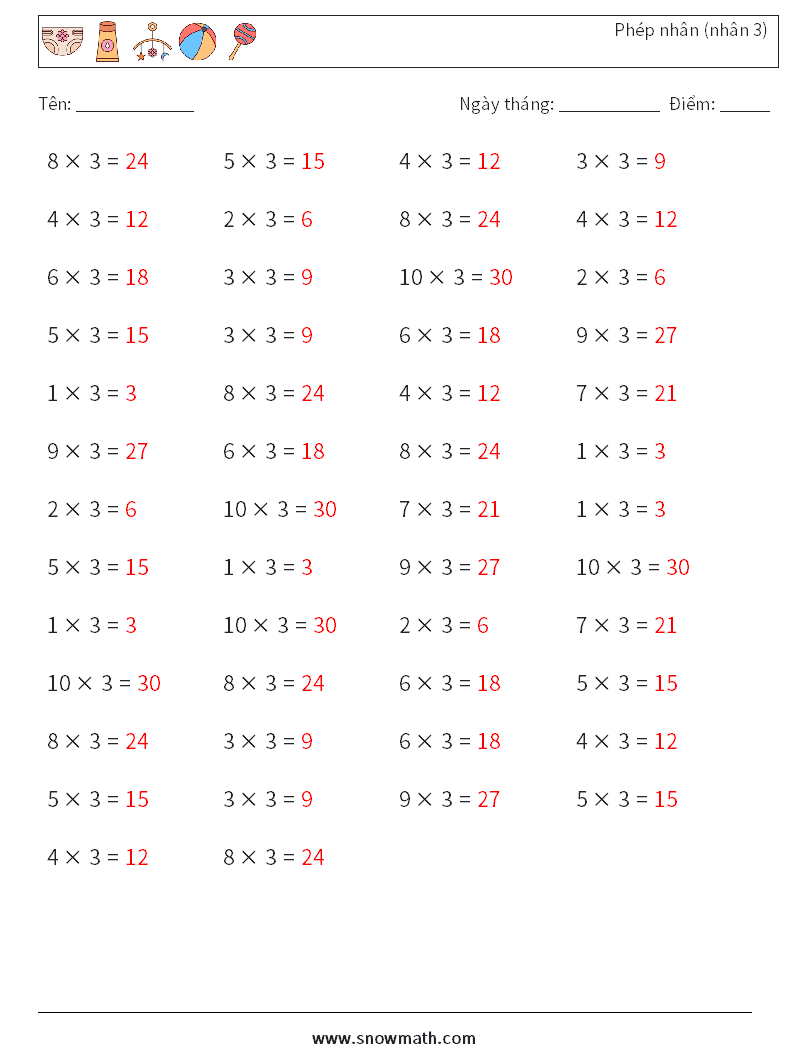 (50) Phép nhân (nhân 3) Bảng tính toán học 5 Câu hỏi, câu trả lời