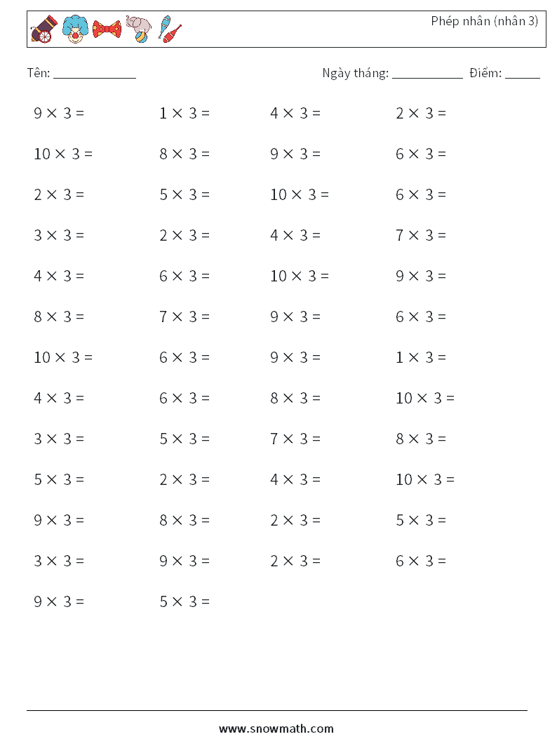 (50) Phép nhân (nhân 3) Bảng tính toán học 8