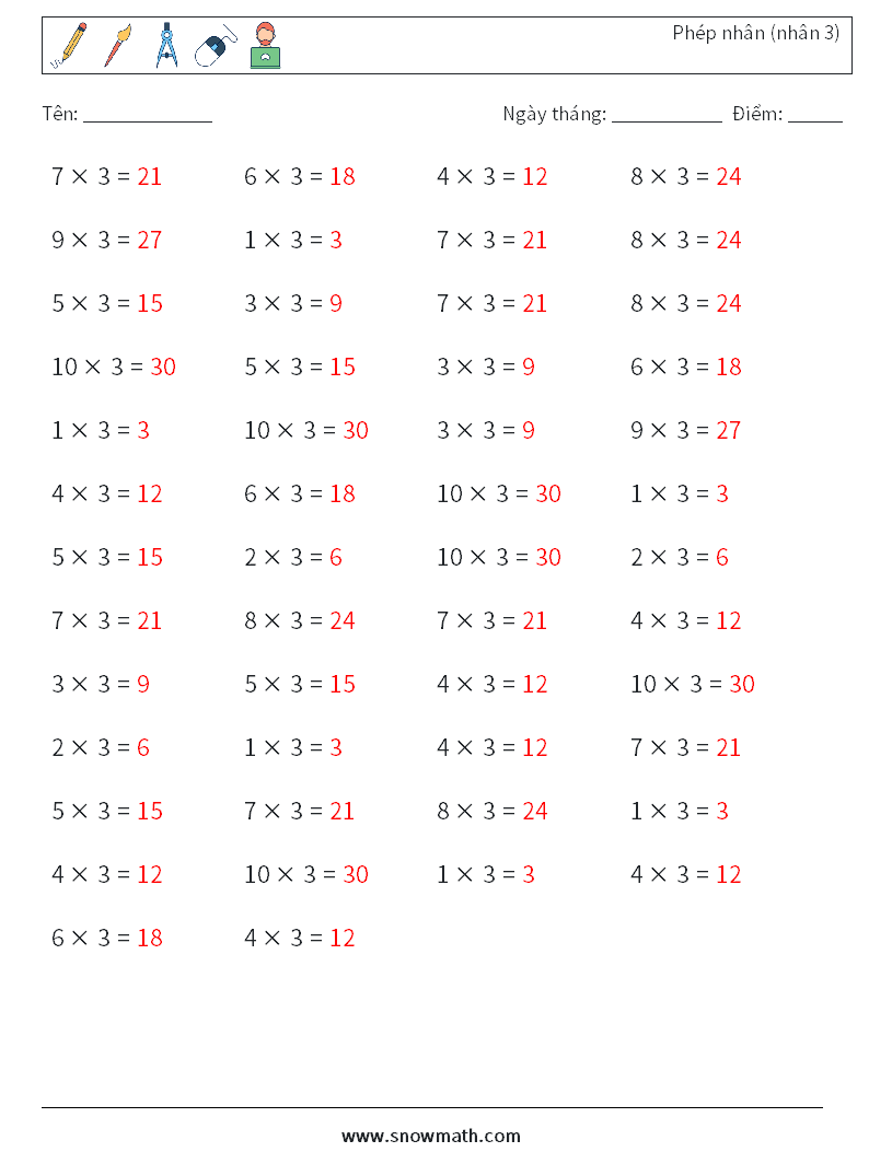 (50) Phép nhân (nhân 3) Bảng tính toán học 9 Câu hỏi, câu trả lời