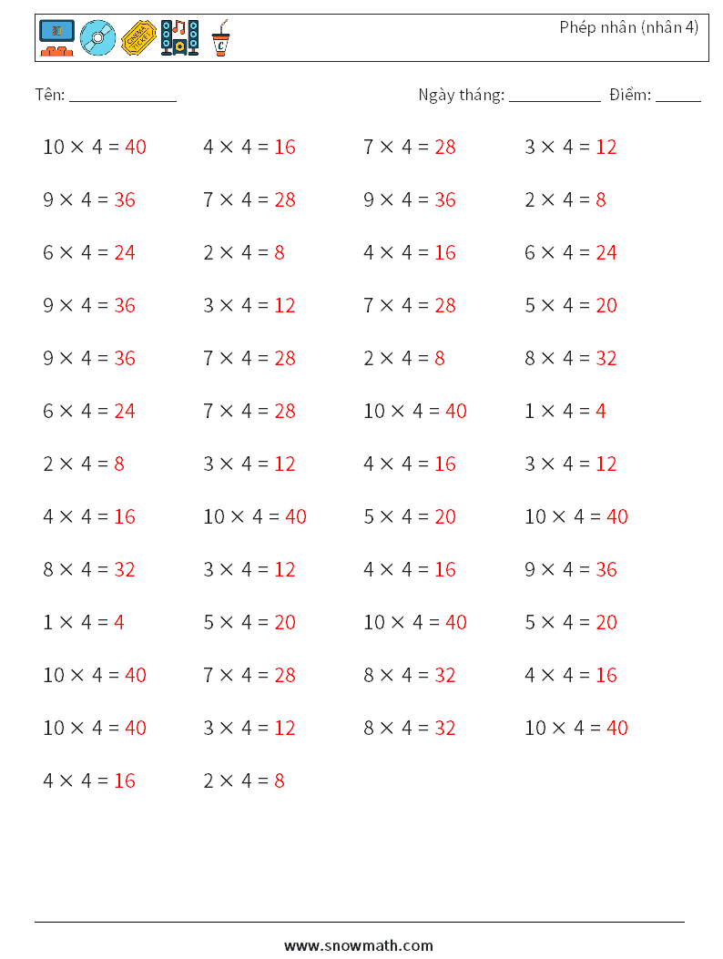 (50) Phép nhân (nhân 4) Bảng tính toán học 3 Câu hỏi, câu trả lời