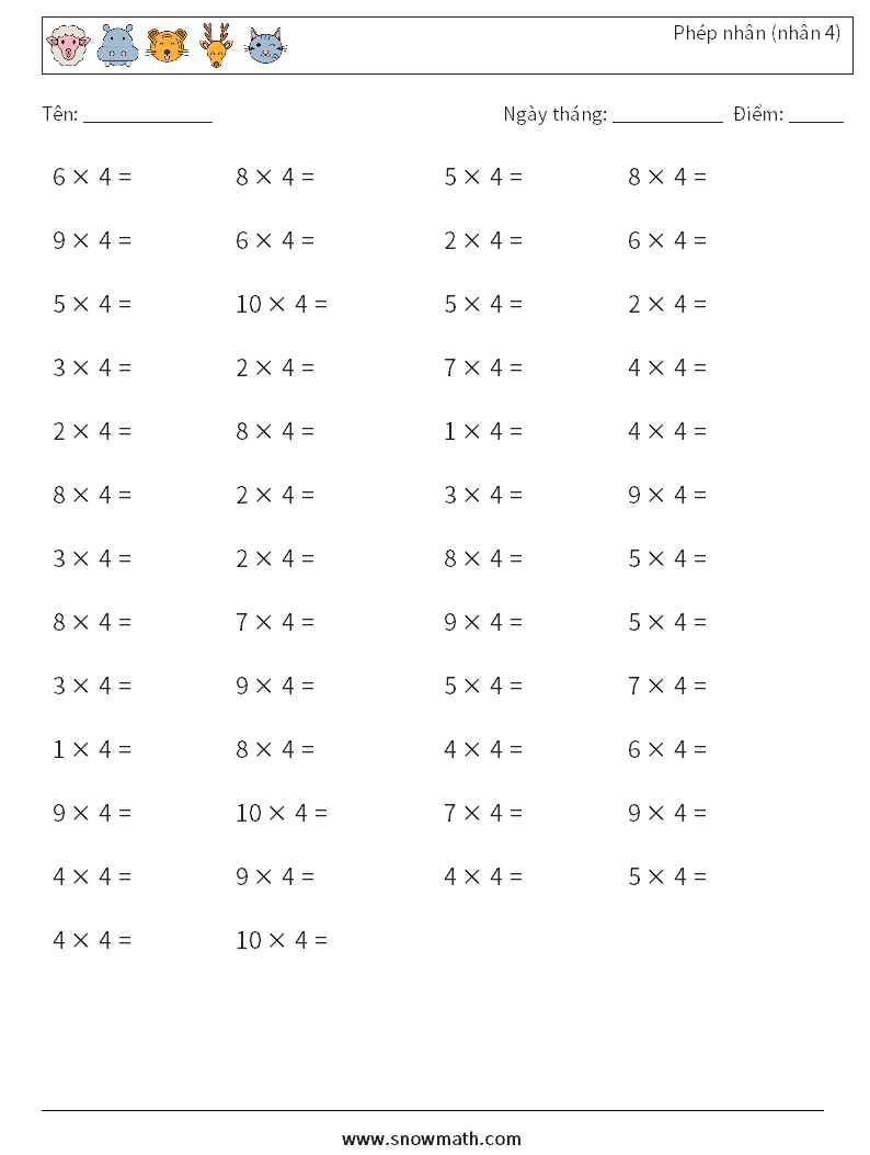(50) Phép nhân (nhân 4) Bảng tính toán học 4