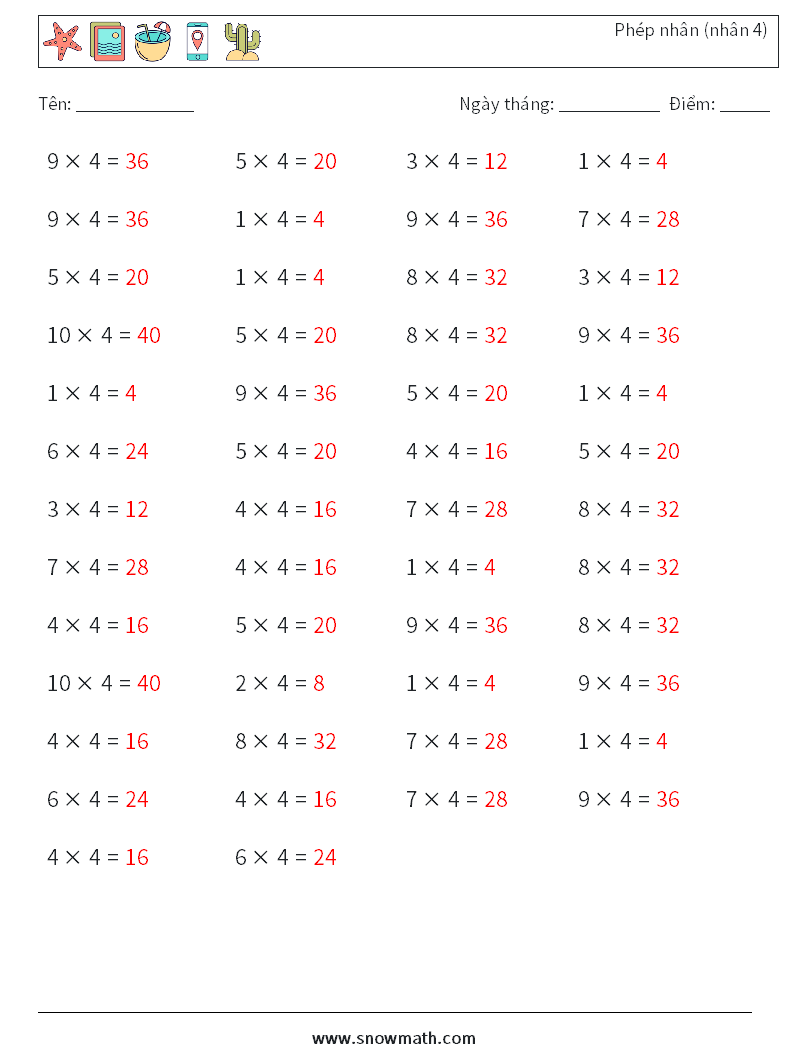 (50) Phép nhân (nhân 4) Bảng tính toán học 8 Câu hỏi, câu trả lời