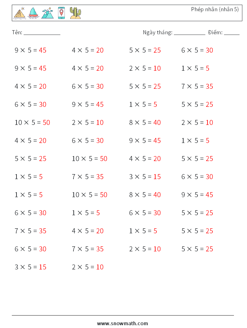 (50) Phép nhân (nhân 5) Bảng tính toán học 1 Câu hỏi, câu trả lời