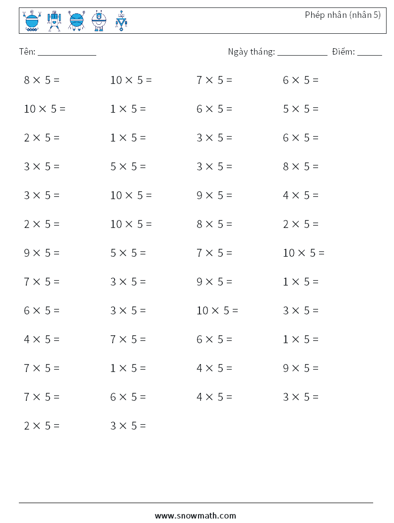 (50) Phép nhân (nhân 5) Bảng tính toán học 4