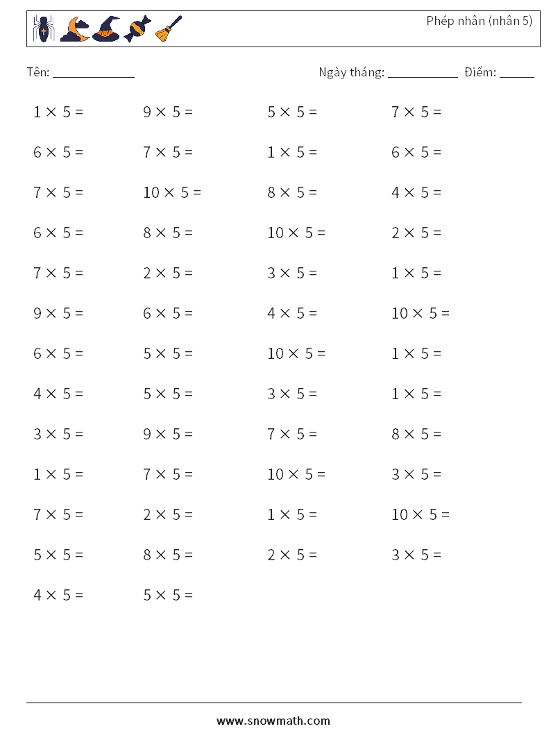 (50) Phép nhân (nhân 5) Bảng tính toán học 6