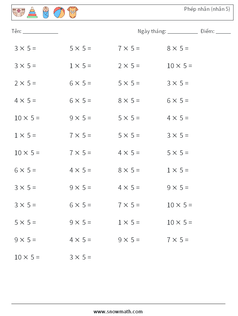 (50) Phép nhân (nhân 5) Bảng tính toán học 7