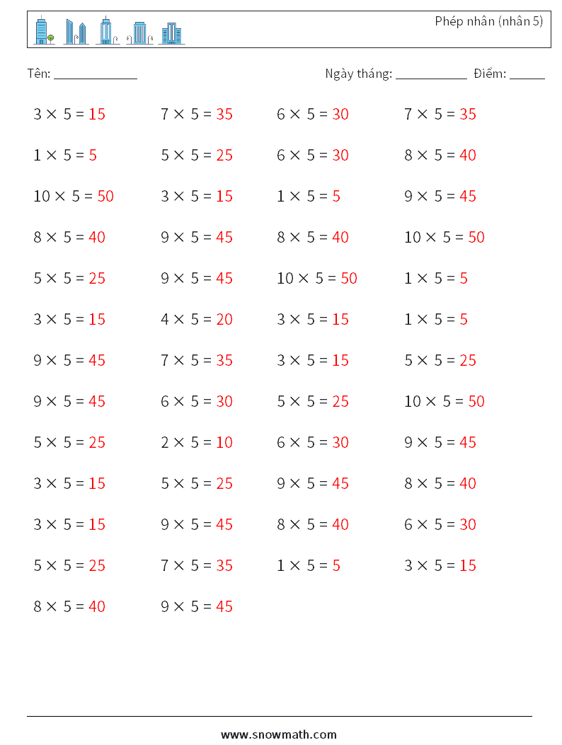 (50) Phép nhân (nhân 5) Bảng tính toán học 8 Câu hỏi, câu trả lời