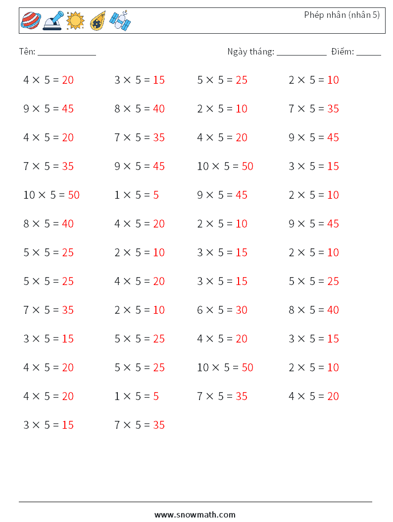 (50) Phép nhân (nhân 5) Bảng tính toán học 9 Câu hỏi, câu trả lời