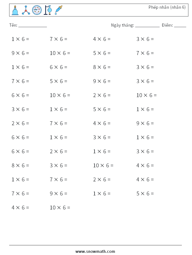 (50) Phép nhân (nhân 6) Bảng tính toán học 1