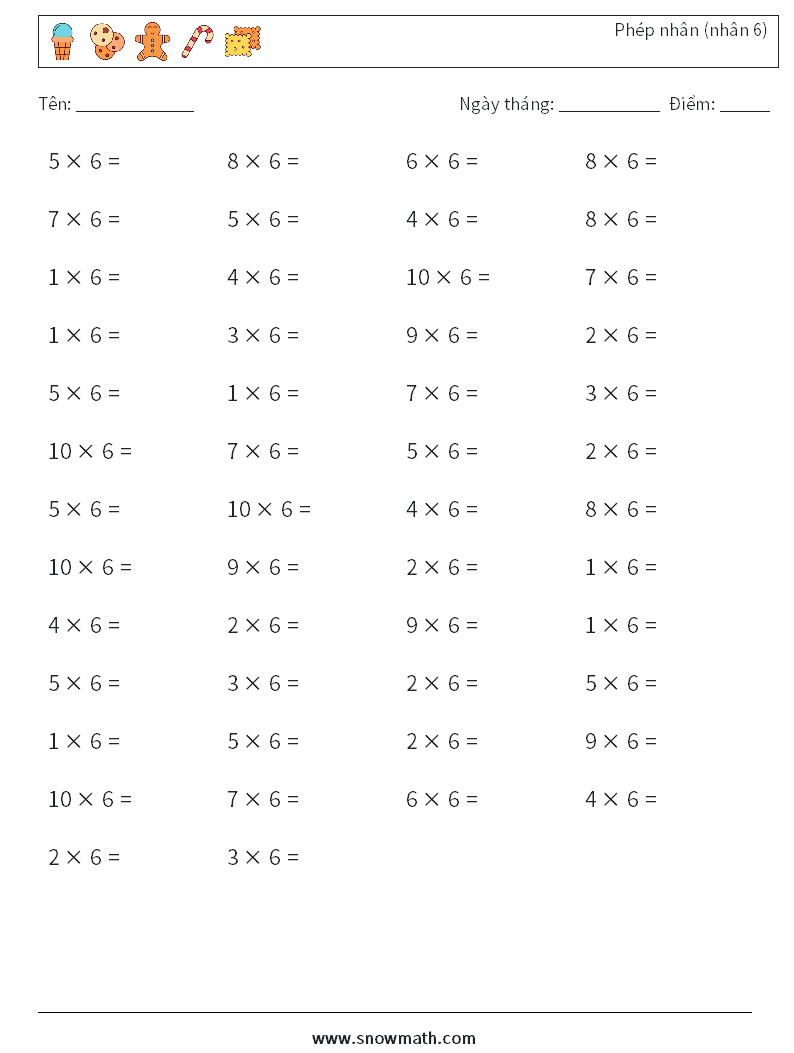(50) Phép nhân (nhân 6) Bảng tính toán học 2