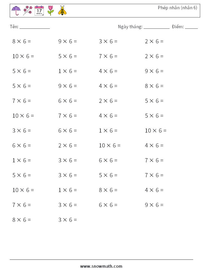 (50) Phép nhân (nhân 6) Bảng tính toán học 3