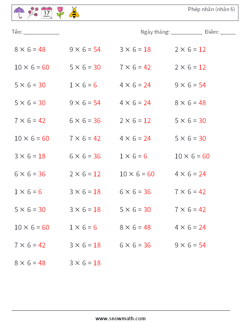 (50) Phép nhân (nhân 6) Bảng tính toán học 3 Câu hỏi, câu trả lời