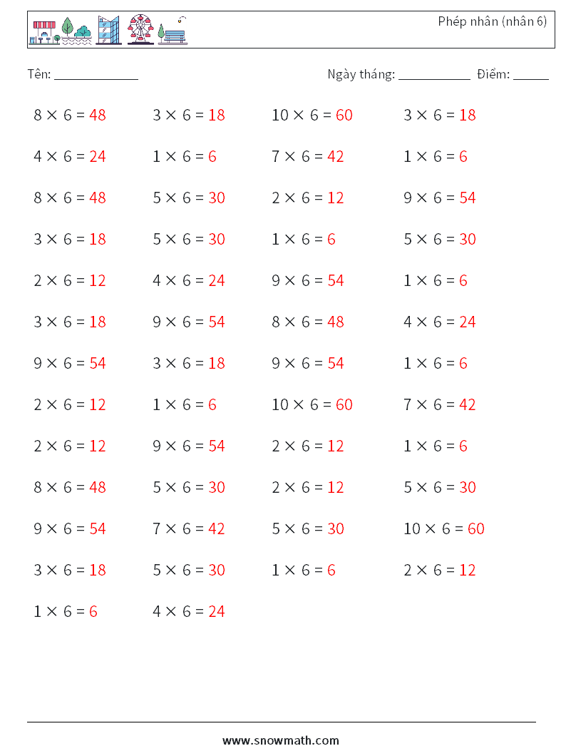 (50) Phép nhân (nhân 6) Bảng tính toán học 4 Câu hỏi, câu trả lời