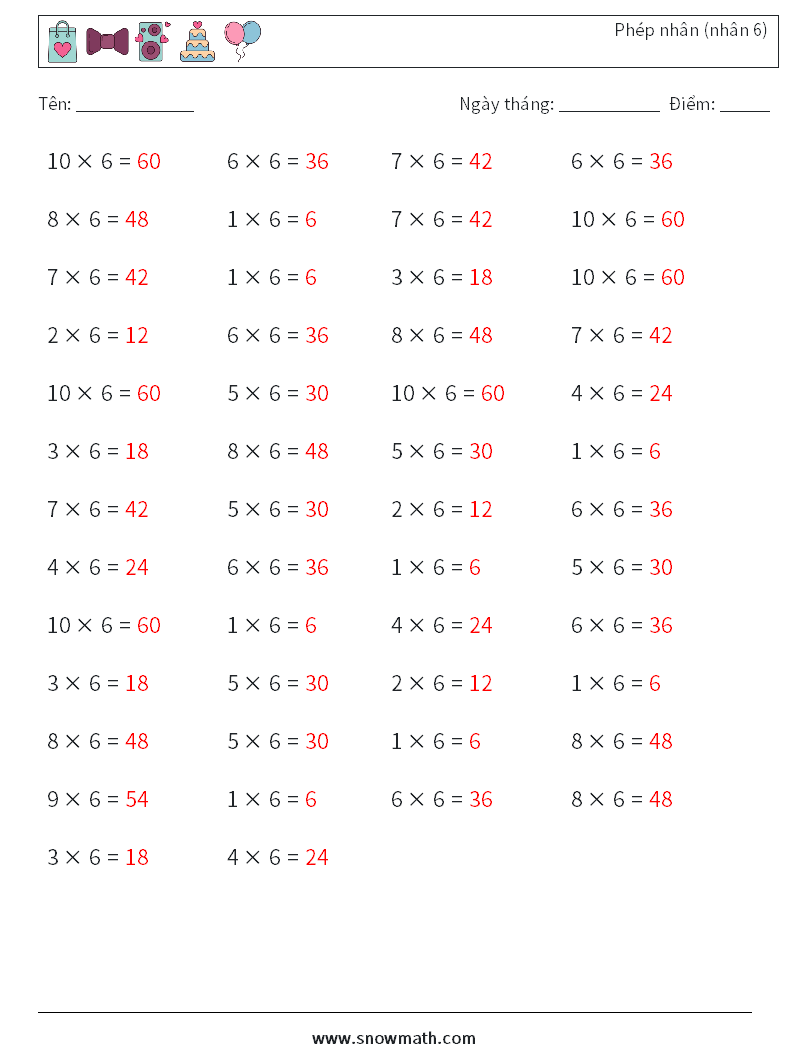 (50) Phép nhân (nhân 6) Bảng tính toán học 8 Câu hỏi, câu trả lời