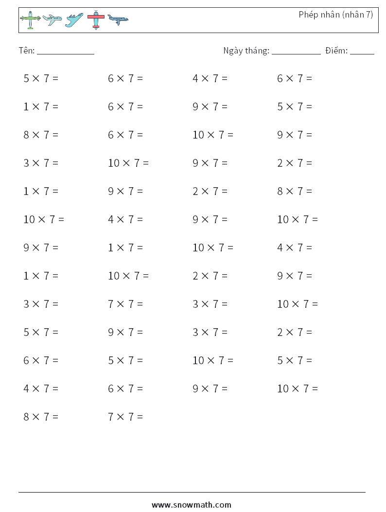 (50) Phép nhân (nhân 7) Bảng tính toán học 1