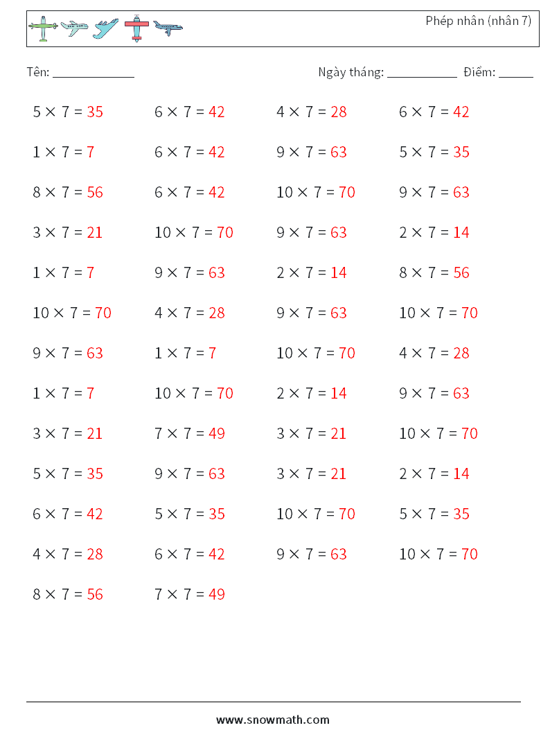 (50) Phép nhân (nhân 7) Bảng tính toán học 1 Câu hỏi, câu trả lời