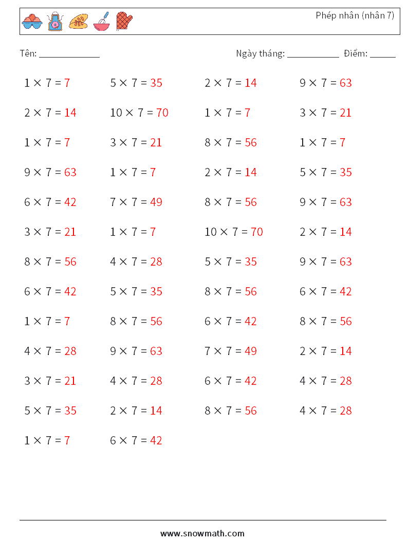 (50) Phép nhân (nhân 7) Bảng tính toán học 2 Câu hỏi, câu trả lời