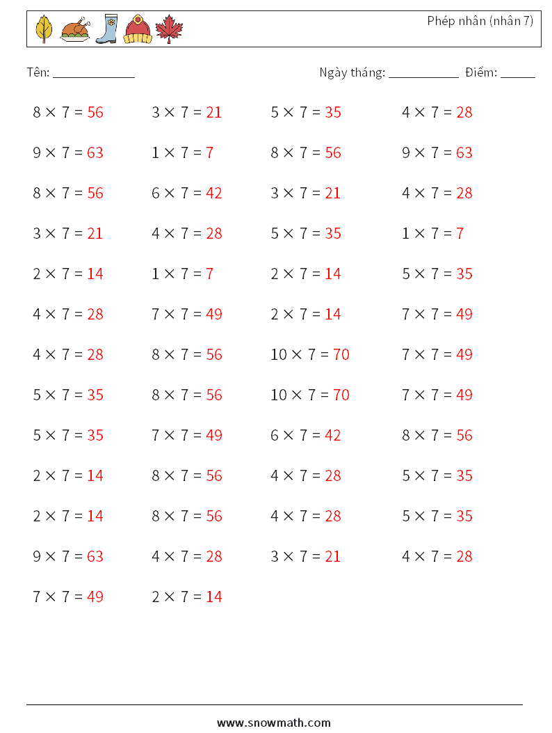 (50) Phép nhân (nhân 7) Bảng tính toán học 3 Câu hỏi, câu trả lời