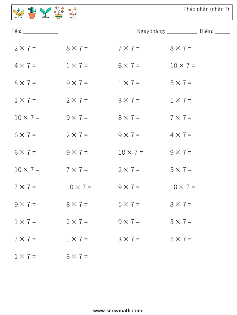 (50) Phép nhân (nhân 7) Bảng tính toán học 4