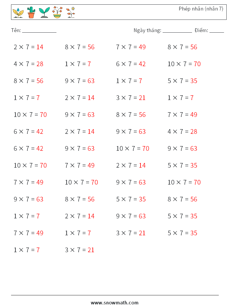 (50) Phép nhân (nhân 7) Bảng tính toán học 4 Câu hỏi, câu trả lời
