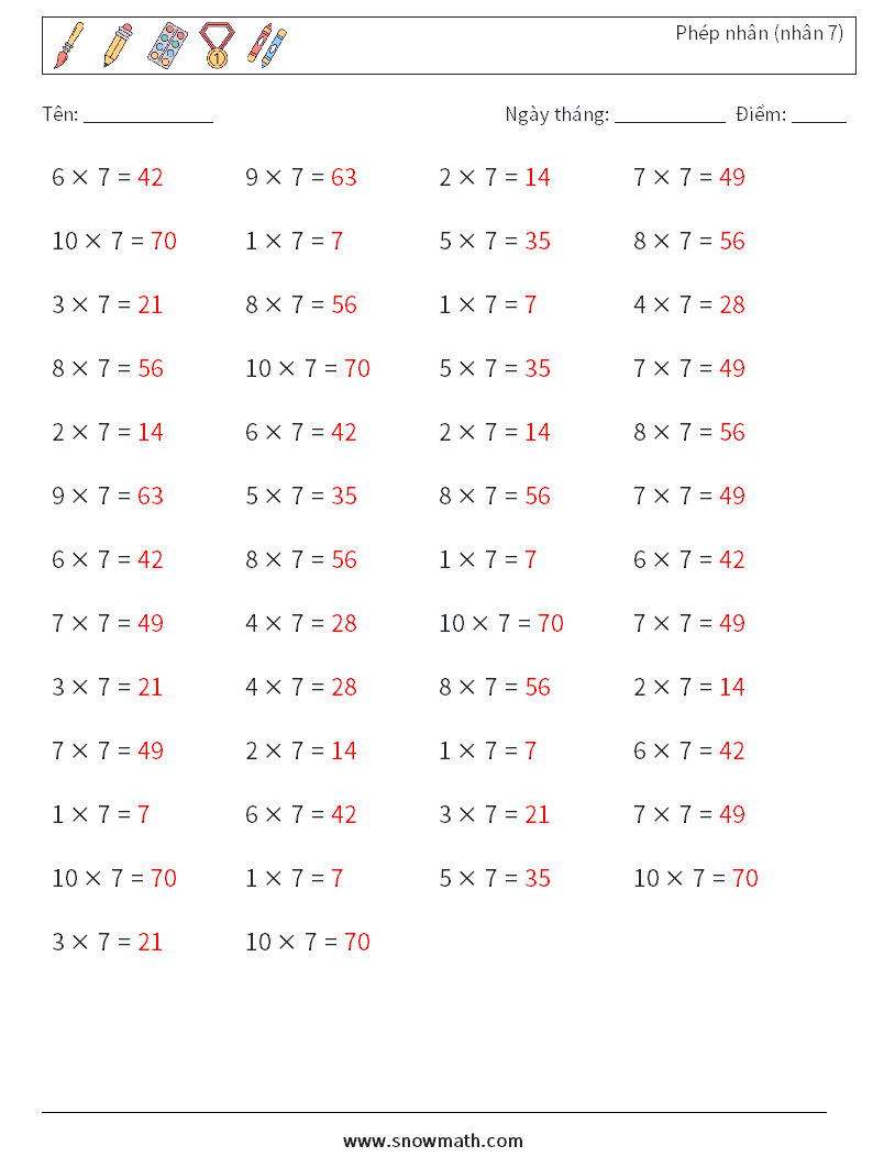 (50) Phép nhân (nhân 7) Bảng tính toán học 5 Câu hỏi, câu trả lời