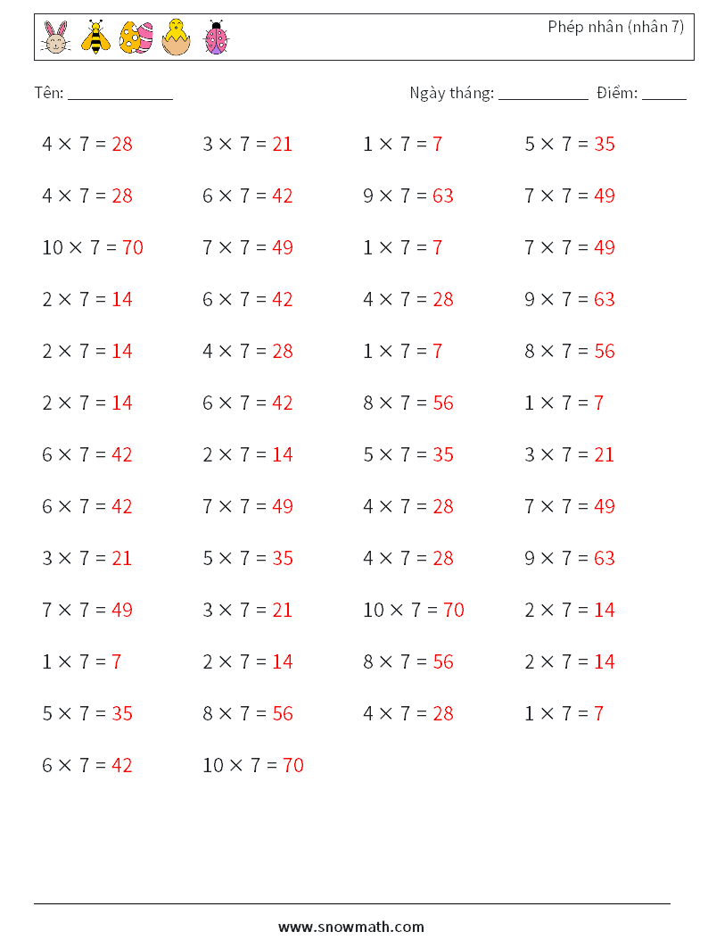 (50) Phép nhân (nhân 7) Bảng tính toán học 6 Câu hỏi, câu trả lời