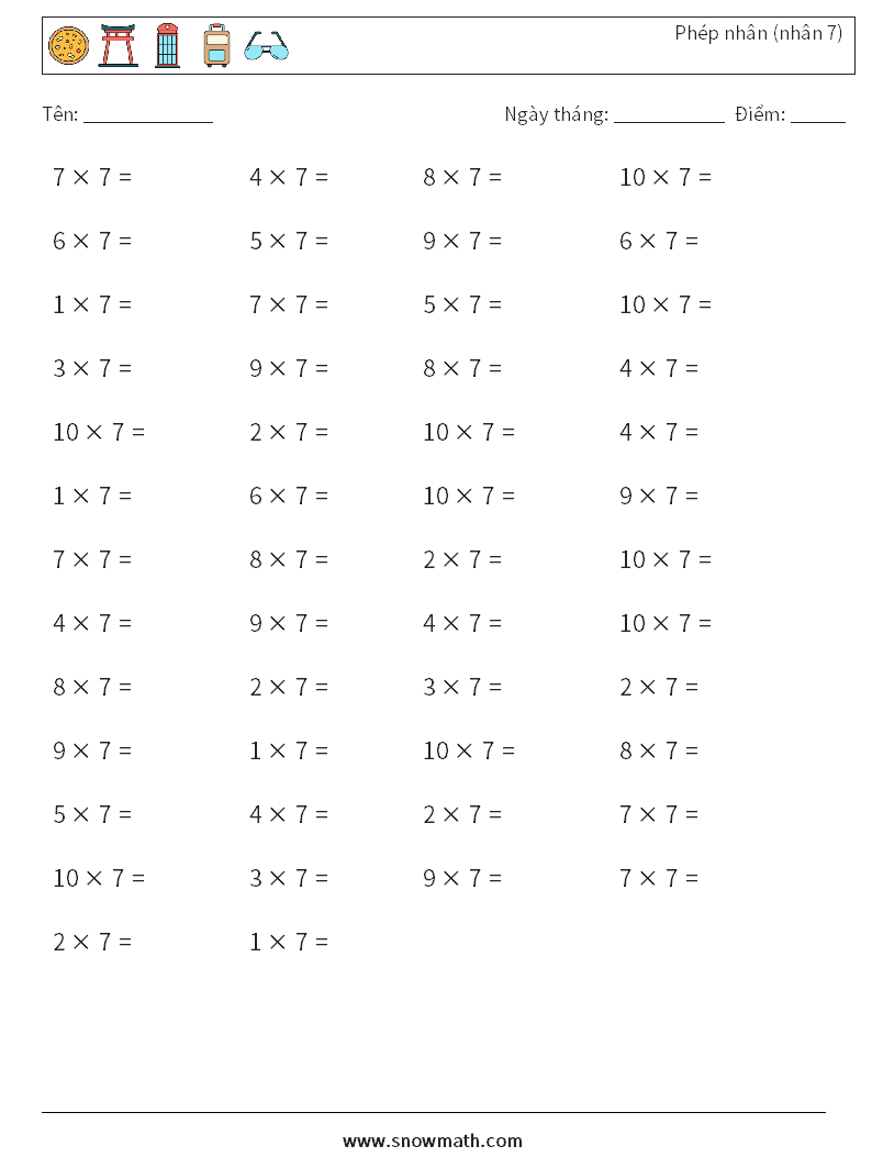 (50) Phép nhân (nhân 7) Bảng tính toán học 7