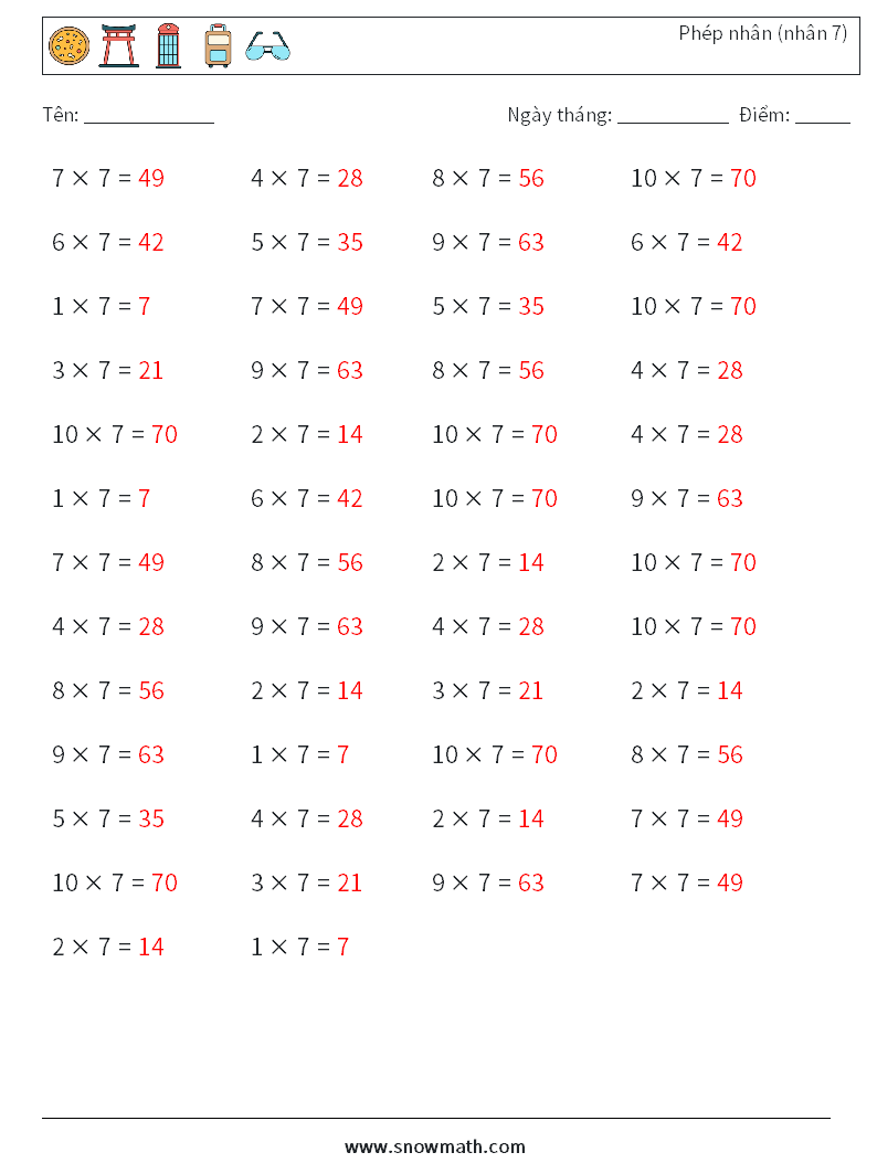 (50) Phép nhân (nhân 7) Bảng tính toán học 7 Câu hỏi, câu trả lời