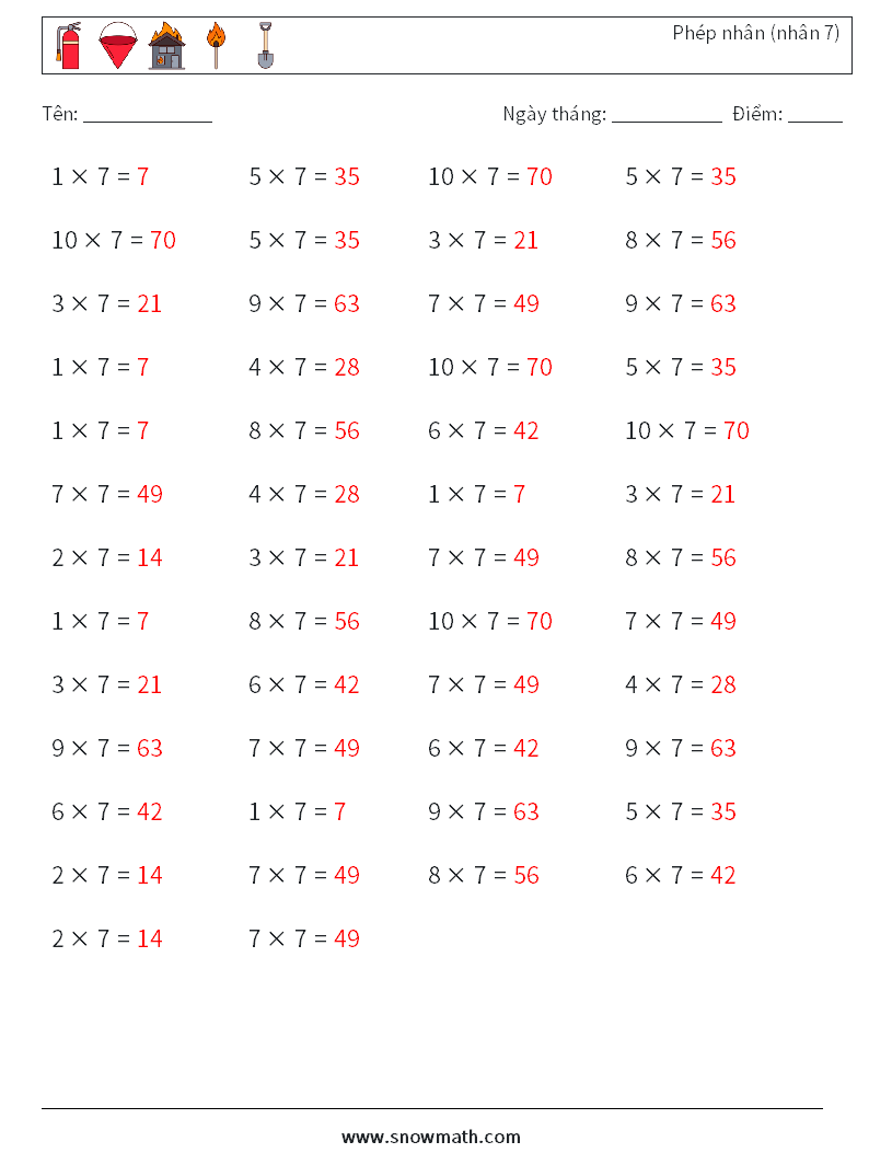 (50) Phép nhân (nhân 7) Bảng tính toán học 8 Câu hỏi, câu trả lời