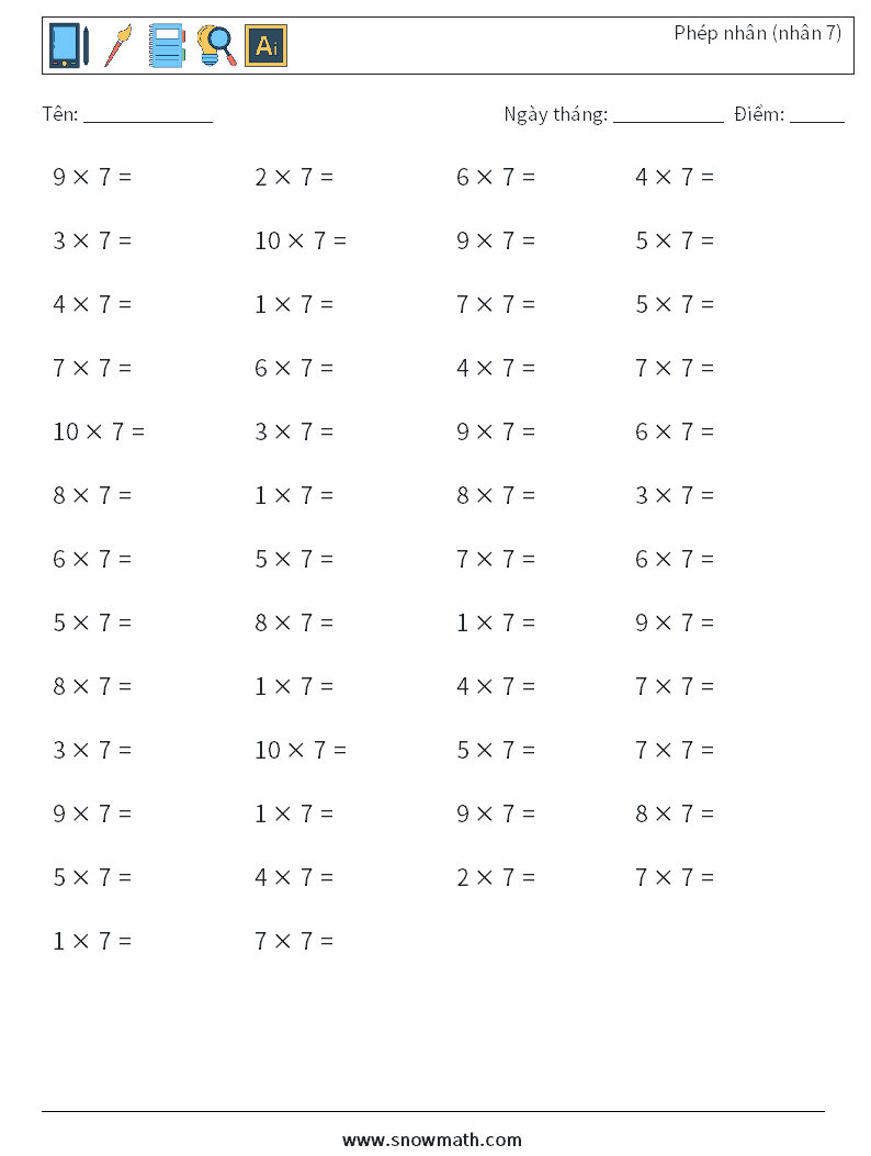 (50) Phép nhân (nhân 7) Bảng tính toán học 9