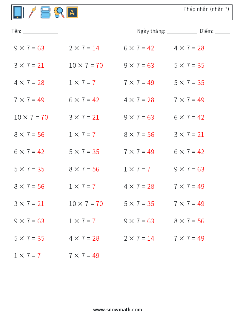 (50) Phép nhân (nhân 7) Bảng tính toán học 9 Câu hỏi, câu trả lời