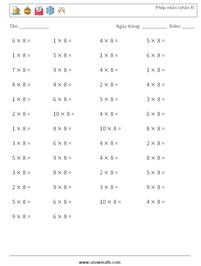 (50) Phép nhân (nhân 8) Bảng tính toán học 5