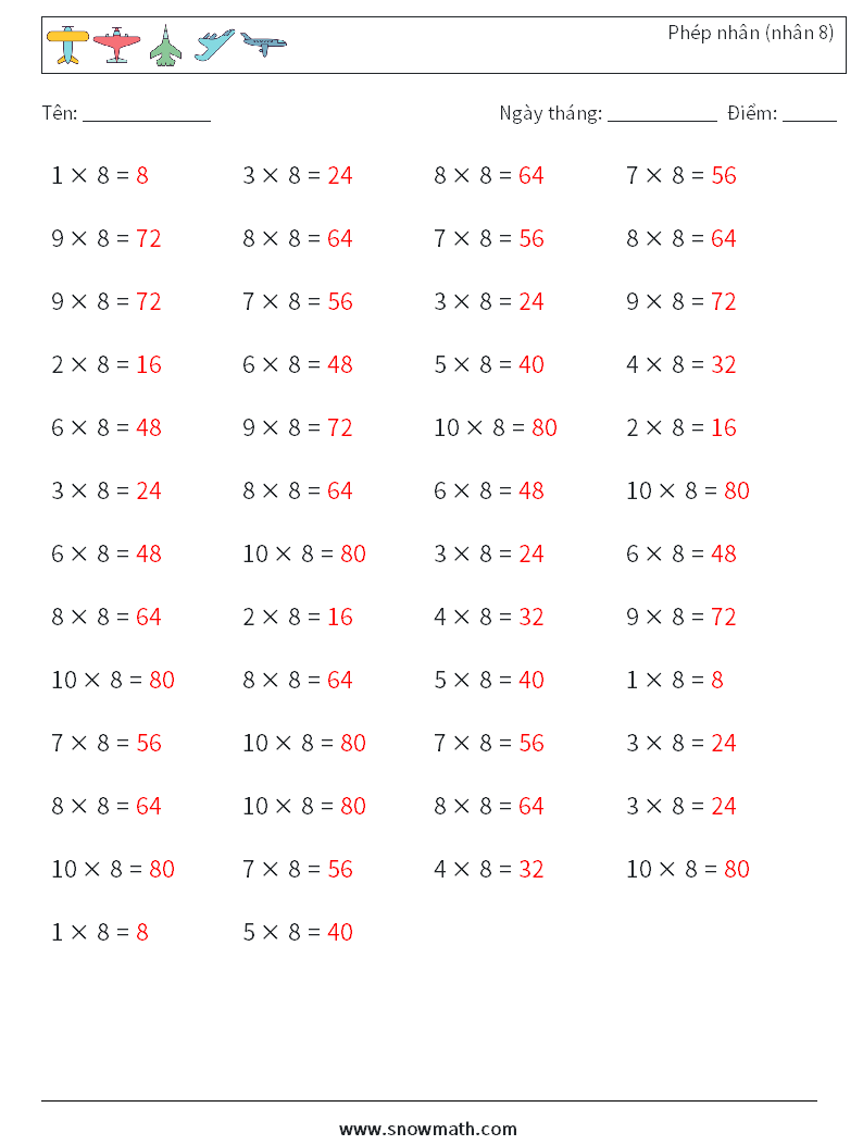 (50) Phép nhân (nhân 8) Bảng tính toán học 6 Câu hỏi, câu trả lời