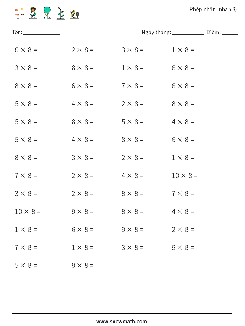 (50) Phép nhân (nhân 8) Bảng tính toán học 9