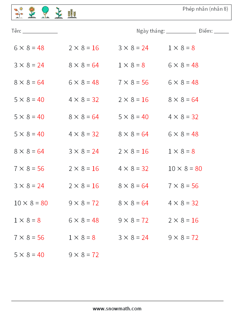 (50) Phép nhân (nhân 8) Bảng tính toán học 9 Câu hỏi, câu trả lời