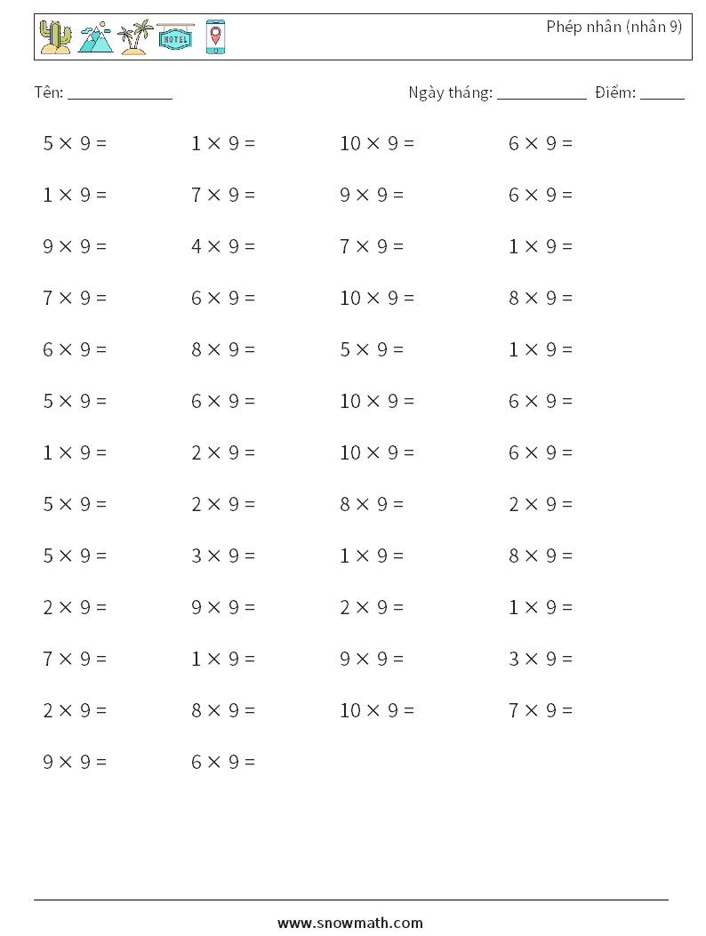 (50) Phép nhân (nhân 9) Bảng tính toán học 1
