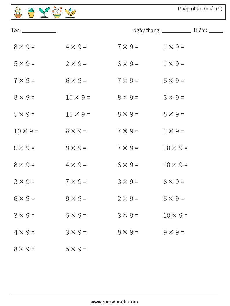 (50) Phép nhân (nhân 9) Bảng tính toán học 3