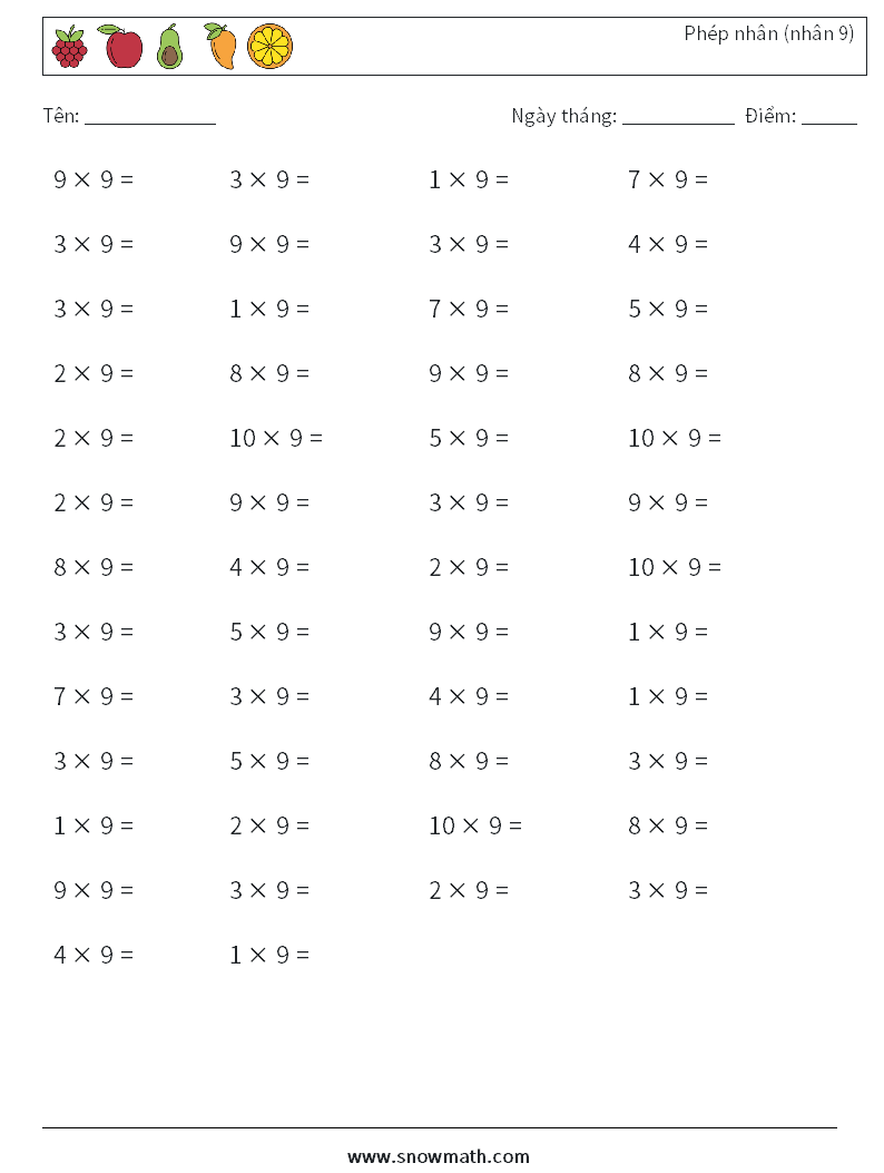 (50) Phép nhân (nhân 9) Bảng tính toán học 8
