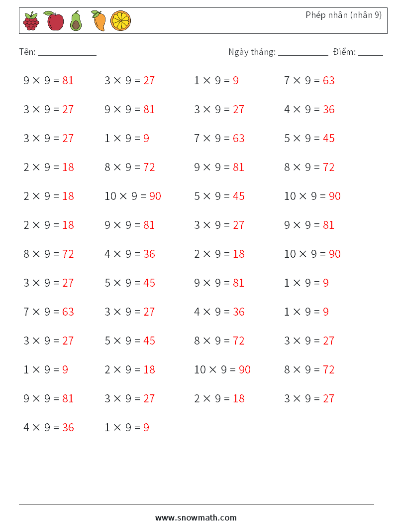 (50) Phép nhân (nhân 9) Bảng tính toán học 8 Câu hỏi, câu trả lời