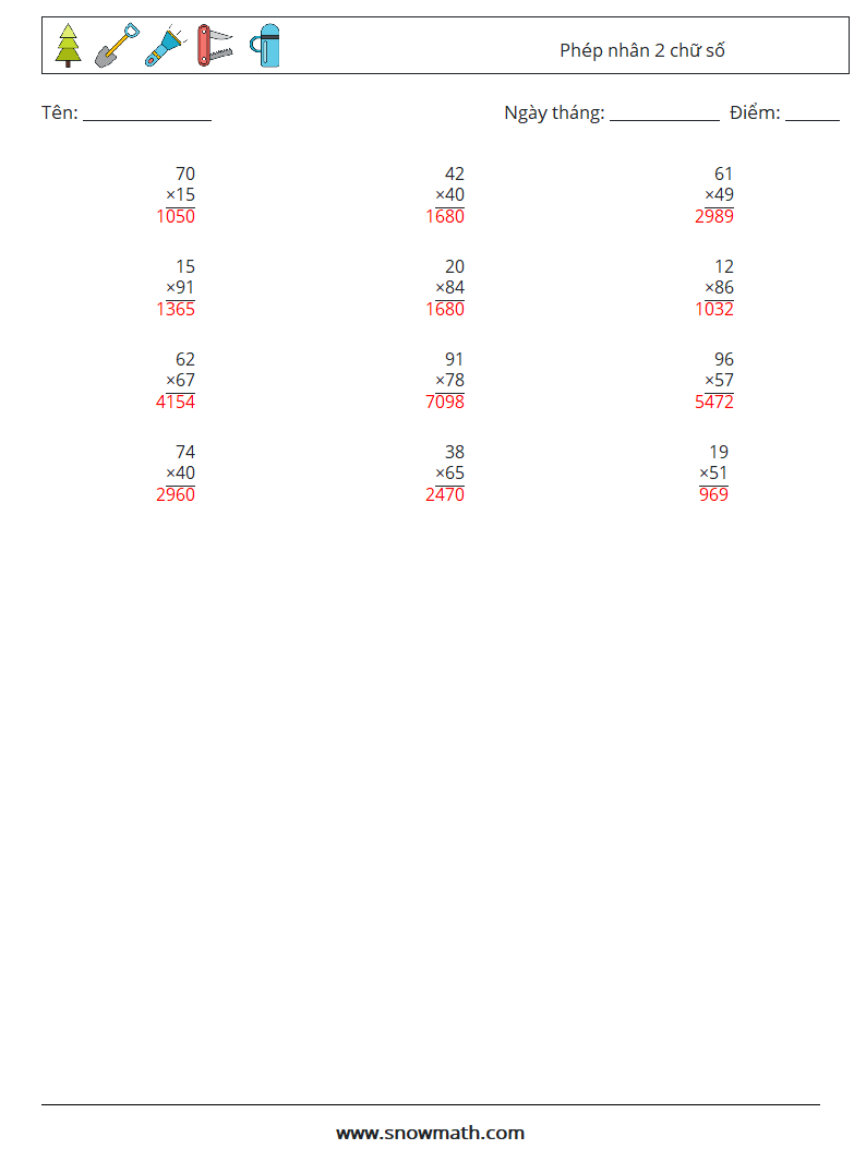 (12) Phép nhân 2 chữ số Bảng tính toán học 2 Câu hỏi, câu trả lời