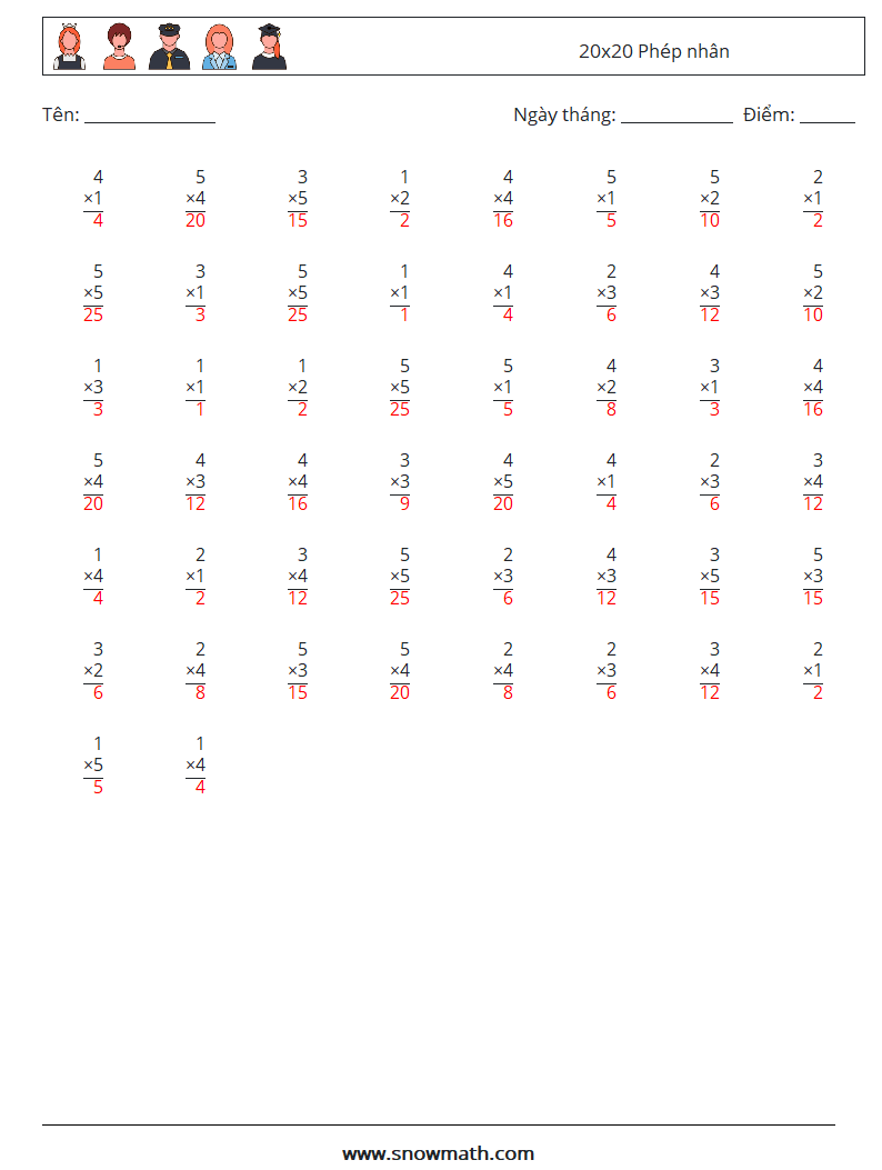 (50) 20x20 Phép nhân Bảng tính toán học 17 Câu hỏi, câu trả lời