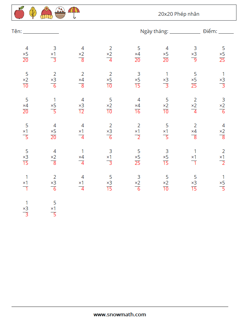 (50) 20x20 Phép nhân Bảng tính toán học 7 Câu hỏi, câu trả lời