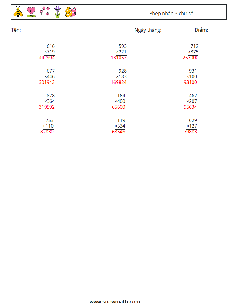 (12) Phép nhân 3 chữ số Bảng tính toán học 10 Câu hỏi, câu trả lời