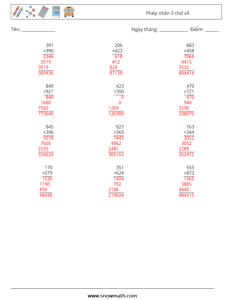 (12) Phép nhân 3 chữ số Bảng tính toán học 9 Câu hỏi, câu trả lời